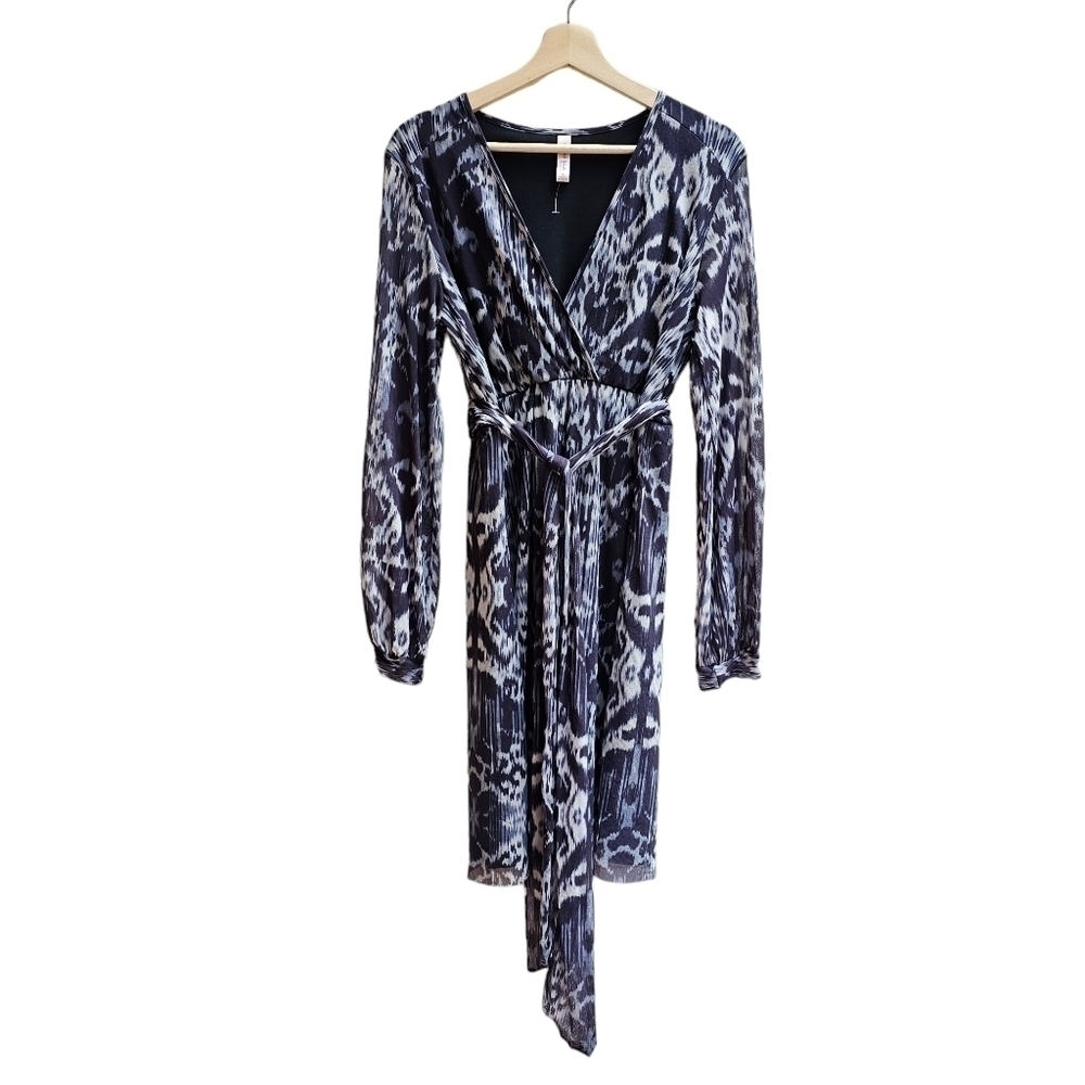 Vintage Faux Wrap Dress with Sheer Sleeves and Waist Tie, Size XL
